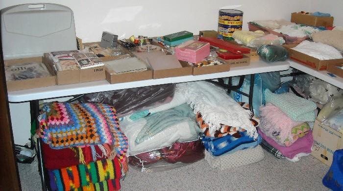 Crafts, handmade items, sewing tools, quilts, afghans.
