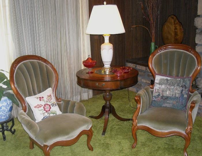 Beautiful victorian chairs, collection cranberry glassware