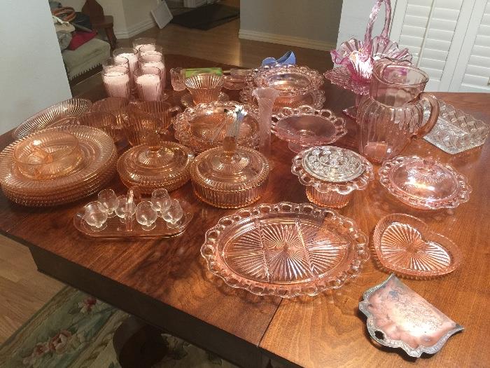 Pink depression glass/ Elegant glassware, 2 patterns.  Open Lace and Queen Mary patterns 