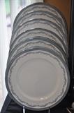 Aynsley China - 7 piece place setting, service for 12 with 7 serving pieces - Blueish Gray Scrolls with Platinum band