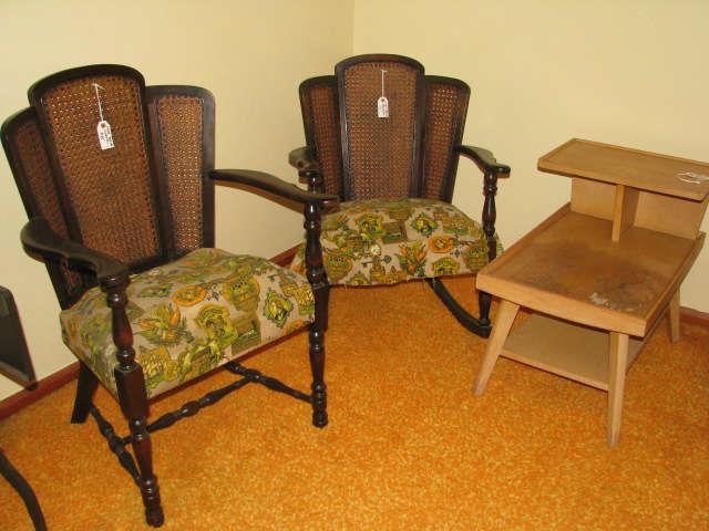 2 wood and cane chairs / 1 rocker, 1 stationary -- step table