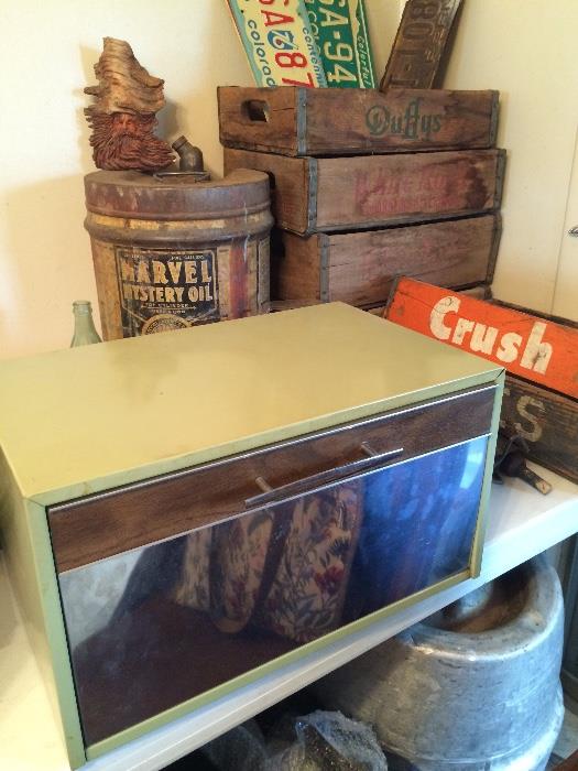 mid century modern bread box, green & crome