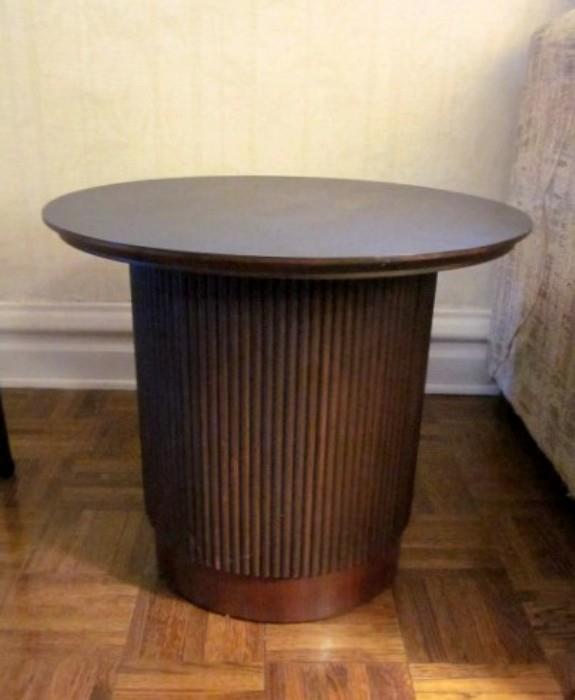 Mid Century Modern side table, ribbed wood cylinder base, black top, 20" round, 17" tall.