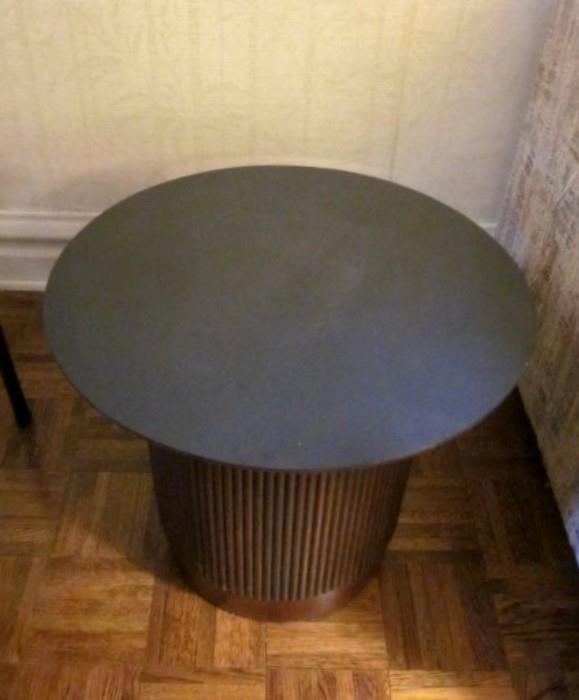 Mid Century Modern side table, ribbed wood cylinder base, black top, 20" round, 17" tall.