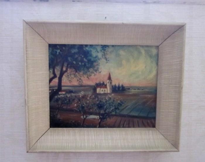 Original oil painting, landscape with church, framed (11-1/2" x 9-1/2")