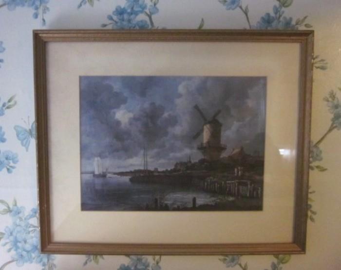 Framed and matted print; seascape and windmill