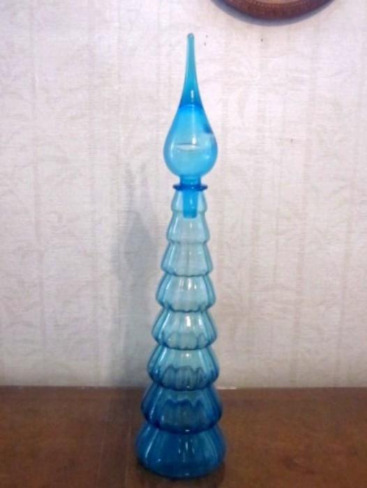 Tall mid century turquoise blue decanter