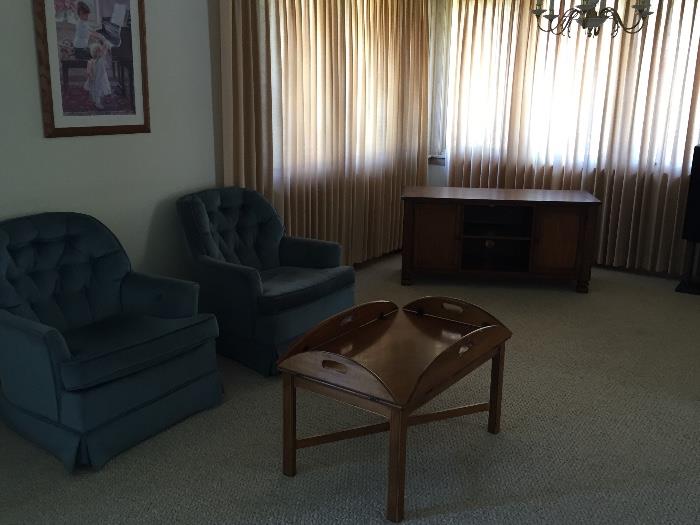 Pictures, blue chairs, Ethan Allen coffee table, new TV Stand