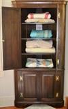 Lynchburg, VA made corner cupboard - mahogany, 1 piece with 1940's vintage quilts