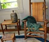 Kennedy style rocker with rush stools