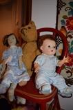 Antique jointed teddy bear, 1930's doll and Tiny Tears
