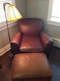 Pottery Barn leather club chair and ottoman, antique floor lamp