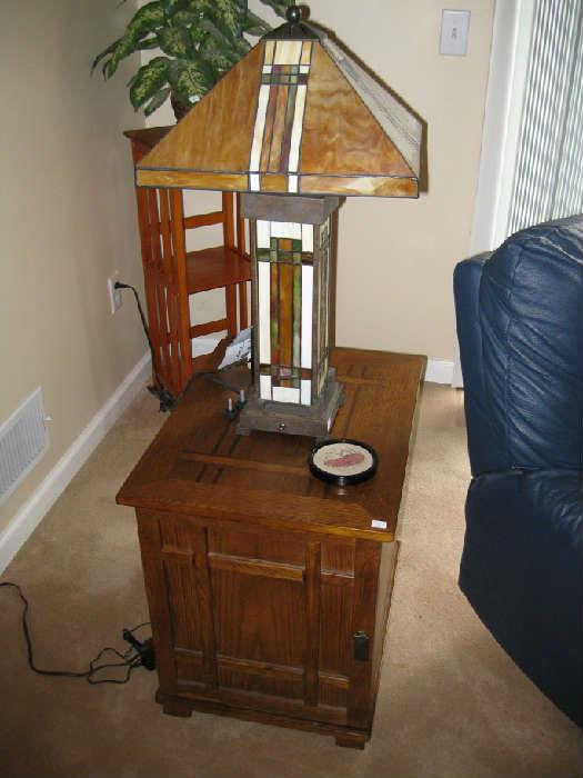 side table and Mission style lamp