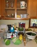 some of the neat kitchen wares, including two Ninja juicers & 1960's serving pieces