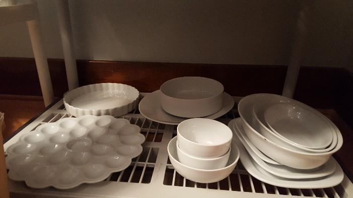 Mix of white corningware and other serving items