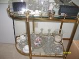 Brass and glass tea cart and beautiful crystal