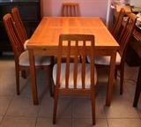 Mid-Century Danish Teak Table with 6 Chairs:  35 1/2" W x 29" H x 4 3/4 feet Long (closed) and 8 feet long (fully extended)