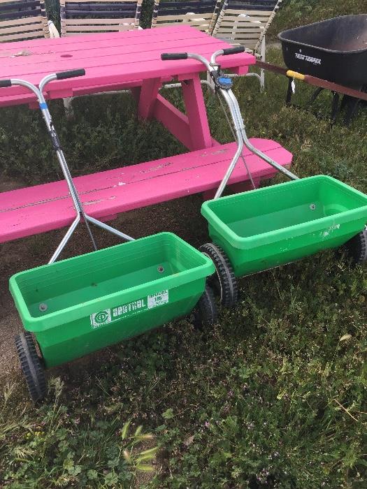 Lawn seeder and pink bench 