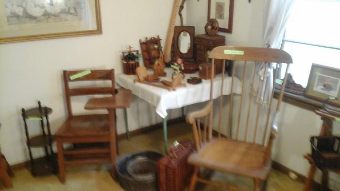Antique school desk and rocking chair 