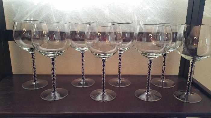 set of eight wine glasses with cobalt twist stems