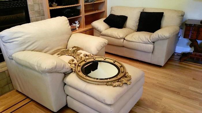 cushiony leather chair, ottoman and loveseat - light tan color, excellent condition - priced each but deals for set purchase