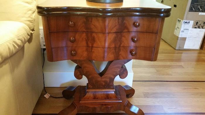1920's Empire style flip top 2 drawer table - nice!