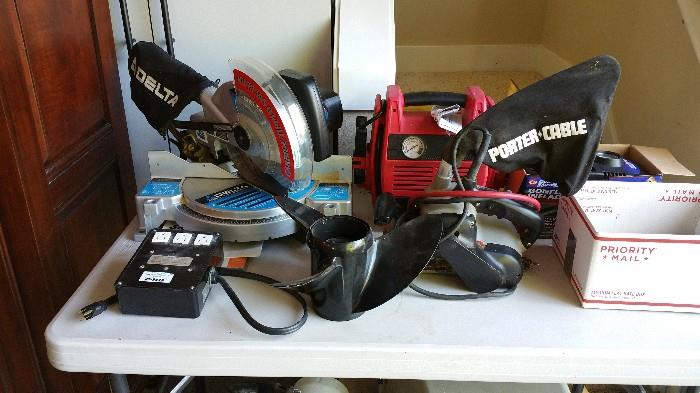 large selection of power tools in excellent working condition  - chop miter saw....belt sander....palm sander....road emergency kit