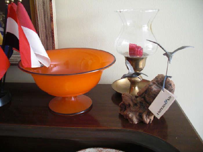 1940's orange blown glass satin bowl