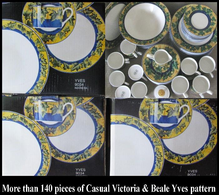 Three unopened boxes plus of Casual Victoria and Beale dishes. Yves pattern. More than 140 pieces