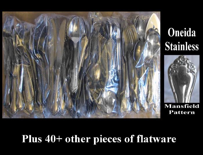 Stainless flatware. Most have the Mansfield pattern.