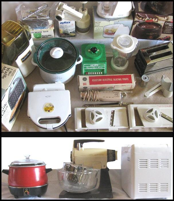 Kitchen gadgets. Mixers, waffle makers, blenders, toaster, popcorn maker, slicers, choppers, bread maker, and more. 