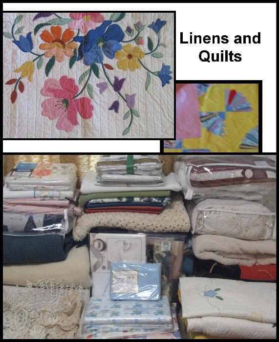 Handmade quilts plus linens-some still in packaging. Twin size sheets and more. 