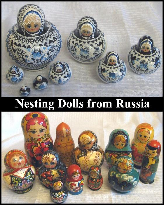 Beautifully hand-painted nesting dolls. Most from Russia.