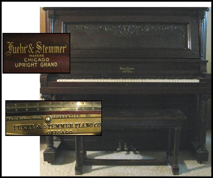 Fuehr & Stemmer upright grand piano. 