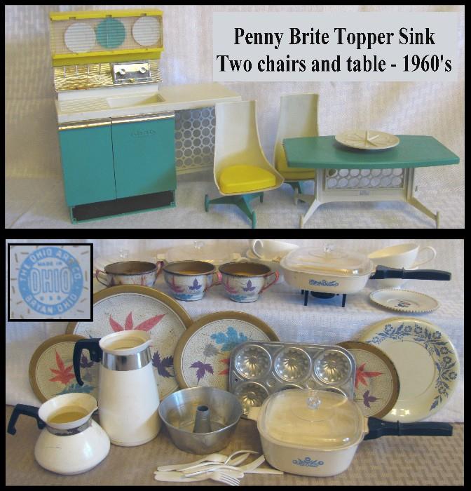 Vintage Penny Brite Topper sink with table and chairs, toy kitchen items.