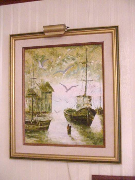Oil on canvas, harbor scene, Lesver de Quiros, Cuban artist, 1974
