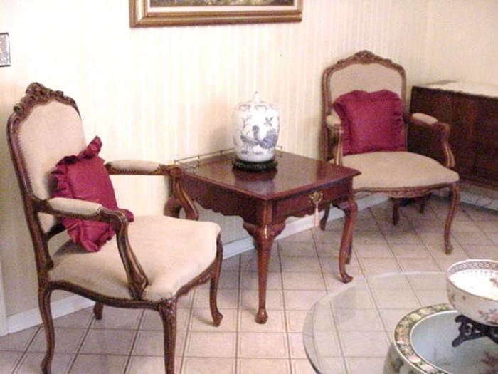 Pair of French style chairs, and square mahogany table with gallery tray on back