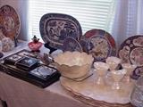 Capiz shell mats, bowls, and sherberts, Imari plates, Blue Willow, and Murano glass clown