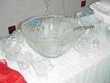 Glass punch bowl with ladle and cups