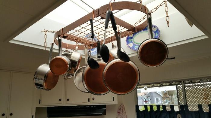 Copper hanging pot rack plus vintage Revereware