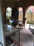 Outdoor set round table & 4 chairs, tile top table, antique door