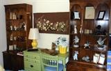 Bookcase or display case over two door cabinet-available. Painted green desk with chair-sold