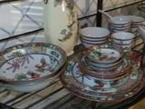 Antique Wa Lee Chinese Red Rooster Dinnerware Set