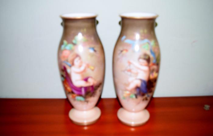 antique fancy Bristol cupid matching vases