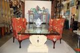 Pair of Chippendale Wingback Chairs, Beveled Glass Pedestal Table and Still Life by Listed Artist Vandenburgh