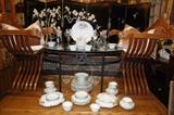 Pair of Savonarola Chairs, Haviland Limoges China Set, Lacquered 6 Panel Incised Screen, Iron Glass Top Coffee Table 