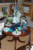 Mahogany Double Pedestal Table, Ansley China, Cut Glass Crystal Decanters, Vintage Glass Serving Items