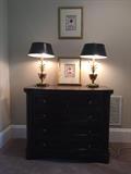 Hooker mahogany 2 drawer filing cabinet with lock, pair of matching brass lamps