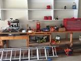 Ladders, leaf blower, saws, and many tools including a Husky tool box  - All ladders SOLD, leaf blower SOLD