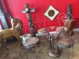 Totem poles, carved wood animal folk art, antique ice cream set. 